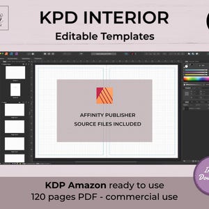 Interfaccia del software Affinity Publisher che mostra i file sorgente inclusi per la modifica dei modelli di interni KDP.