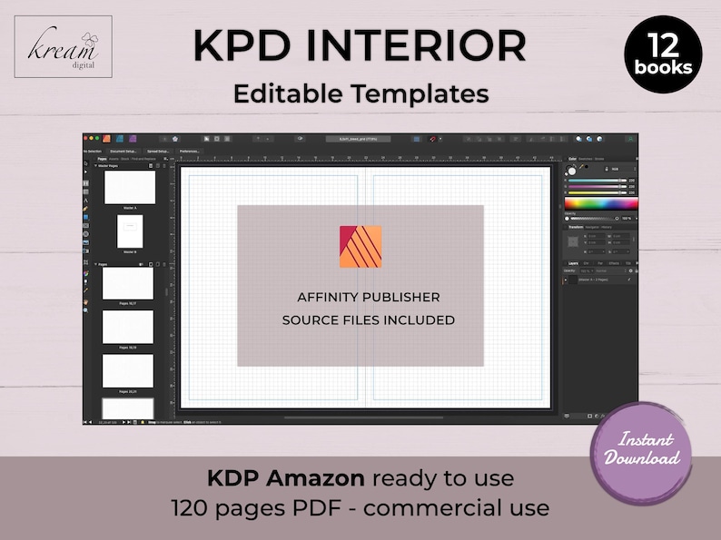 Interfaccia del software Affinity Publisher che mostra i file sorgente inclusi per la modifica dei modelli di interni KDP.