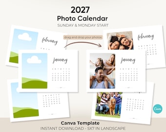 2027 Photo Calendar Template – 5x7 inches Landscape, Sunday & Monday Start, Printable Canva Design