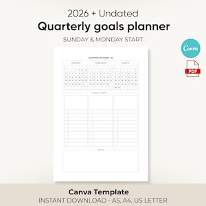 Può includere: Un pianificatore trimestrale bianco con un calendario per gennaio, febbraio e marzo. Il pianificatore include sezioni per obiettivi, passaggi e note. Il testo sul pianificatore recita "2026 + Undated Quarterly goals planner" e "Canva Template".