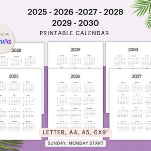 Plantilla CANVA 2025, 2026, 2027, 2028, 2029, 2030 | Inicio domingo y lunes | PDF imprimible | Carta, A4, A5, 6x9" | Licencia comercial