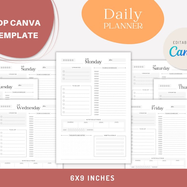 CANVA Daily Planner Editable Templates for Journal | Canva KDP Planner editable interior | One page for each day | 6x9 inches