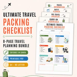 Travel Packing Checklist Canva Template, 8-Page Printable PDF, A4 and US Letter