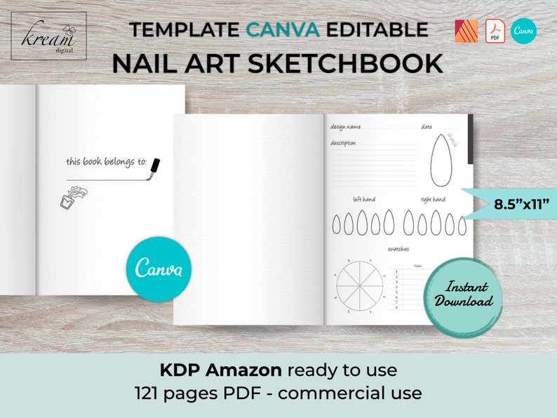 May include: A black and white printable nail art sketchbook template for Canva. The template includes a title page, a page for nail art designs, and a page for nail art swatches. The template is 8.5 inches by 11 inches and is available for instant download. The text "KDP Amazon ready to use 121 pages PDF - commercial use" is also included.