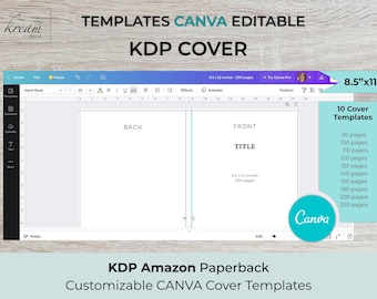 CANVA KDP Cover Templates 8,5x11 inches for 50, 100, 110, 120, 130, 140, 150, 180, 200, 250 pages | ready to edit