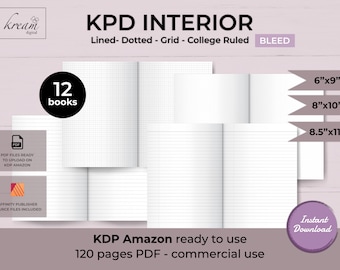 Amazon KDP Interior Template: lined, dotted, grid, college ruled | Size 6x9, 8x10, 8.5x11 inches | 12 books, 120 pages, BLEED | Ready to use