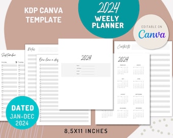 CANVA 2024 - Dated  Weekly Planner templates | KDP Planner | 8.5x11 inches | Editable in Canva | Printable | Commercial Licence