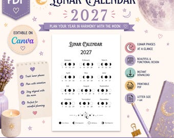 2027 Lunar Calendar Printable, Moon Phases Wall Art Canva Template PDF