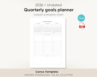 2026 Quarterly Planner – 90 Day Goal Planner, Canva Template in A4 A5 US Letter, Dated & Undated, Sunday or Monday Start, Printable PDF