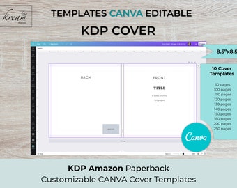 CANVA KDP Cover Templates 8.5"x8.5"  for  50, 100, 110, 120, 130, 140,  150, 180, 200, 250 pages | ready to edit