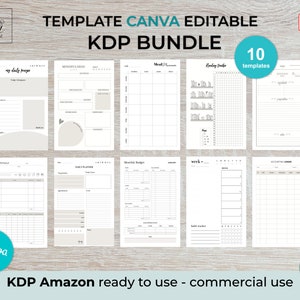 May include: A digital product bundle of 10 printable planner templates for Canva. The templates are designed for use with Kindle Direct Publishing (KDP) and are ready for commercial use. The templates include a variety of designs, such as a daily workout planner, a meal planner, a mindfulness tracker, and a reading tracker.