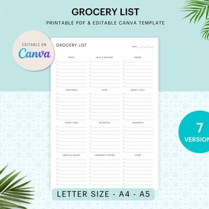 Edytowalny szablon Canva z listą zakupów — 7 układów, format A4/A5/Letter, natychmiastowe pobieranie plików PDF
