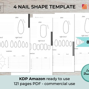 May include: Printable nail shape template with four different nail shapes, including almond, oval, square, and coffin. The template includes space for design name, description, date, swatches, and left and right hand nail outlines. The template is 8.5 inches by 11 inches.