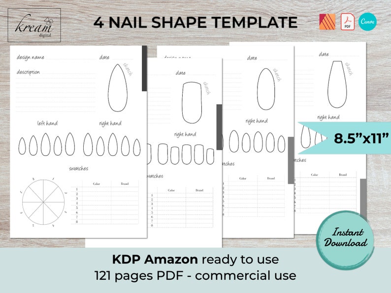 May include: Printable nail shape template with four different nail shapes, including almond, oval, square, and coffin. The template includes space for design name, description, date, swatches, and left and right hand nail outlines. The template is 8.5 inches by 11 inches.