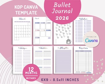 CANVA 2026  Bullet Journal Template,6×9 and 8.5x11 inches, KDP interior (BLEED) | Commercial licence