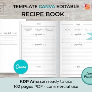 May include: A black and white printable recipe book template for Canva. The template is 6 inches by 9 inches and has 102 pages. The template is ready to use and is for commercial use.