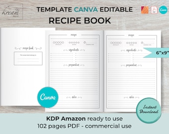 Recipe book | CANVA Interior Template | Size 6x9 inches | Ready for Amazon KDP | NO Bleed | 102 pages