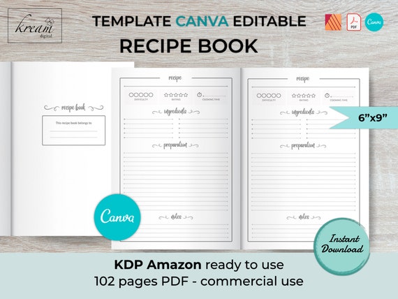 Libro di ricette | Modello interno CANVA | PDF 102 pagine Pronto per Amazon KDP | Senza smarginatura | Dimensioni 6 x 9 pollici