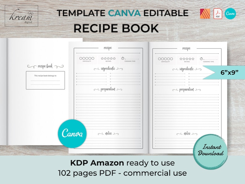May include: A black and white printable recipe book template for Canva. The template is 6 inches by 9 inches and has 102 pages. The template is ready to use and is for commercial use.