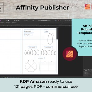 May include: A computer screen displaying a digital planner template in Affinity Publisher. The template includes sections for design name, description, date, left hand, right hand, and a compass. The text "KDP Amazon ready to use 121 pages PDF - commercial use" is displayed below the screen.
