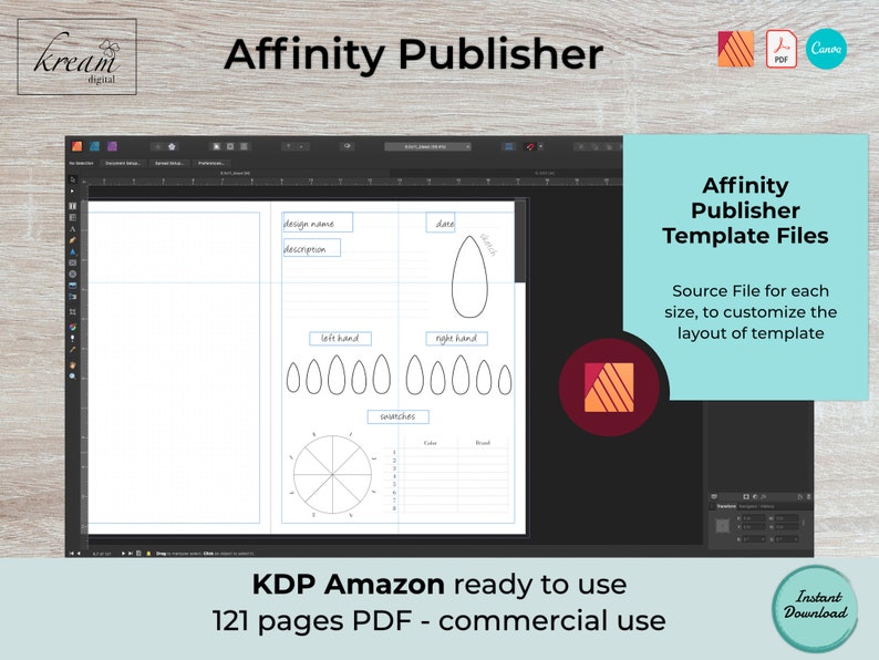 May include: A computer screen displaying a digital planner template in Affinity Publisher. The template includes sections for design name, description, date, left hand, right hand, and a compass. The text "KDP Amazon ready to use 121 pages PDF - commercial use" is displayed below the screen.