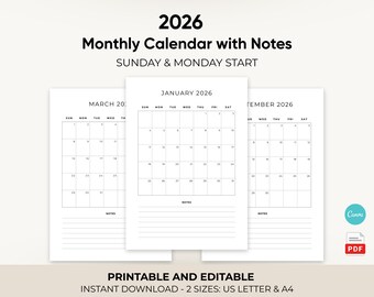 2026 Monthly Calendar Canva Template | A4 Letter Size Printable Planner
