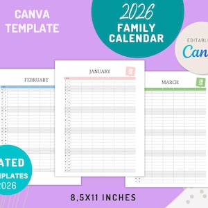 Calendario familiar mensual 2026, editable en Canva, imprimible, tamaño carta, versiones para 4, 5 y 6 miembros de la familia