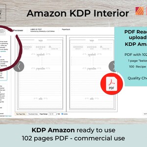 May include: A preview of a 102-page PDF recipe book template for Kindle Direct Publishing (KDP) with the title "LIBRO DI TEST" and the author "EMANUELA CASTORIA". The template includes sections for recipe name, ingredients, and preparation instructions. The PDF is ready to upload to KDP Amazon for commercial use.