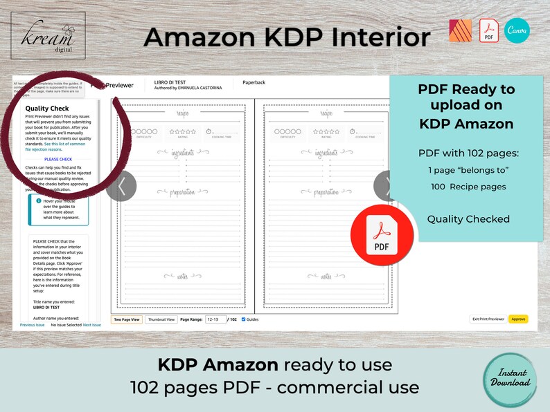 May include: A preview of a 102-page PDF recipe book template for Kindle Direct Publishing (KDP) with the title "LIBRO DI TEST" and the author "EMANUELA CASTORIA". The template includes sections for recipe name, ingredients, and preparation instructions. The PDF is ready to upload to KDP Amazon for commercial use.