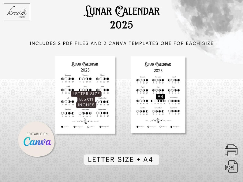 Lunar Calendar 2025 Printable - Moon Phases Calendar | Single Page A4 ...