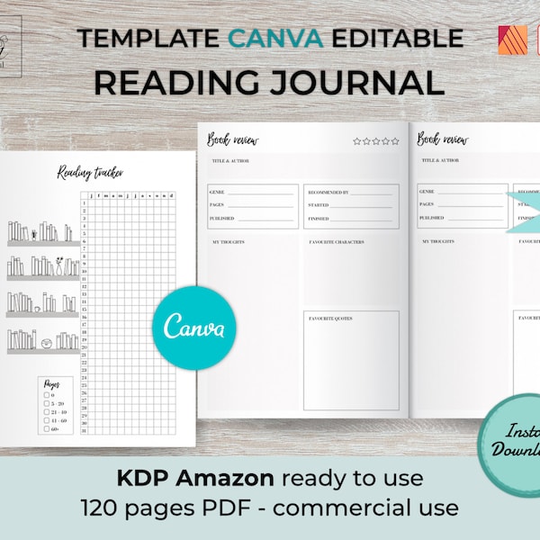 CANVA Reading Journal Template | 6×9 inches | 120 pages | KDP interior | Commercial licence