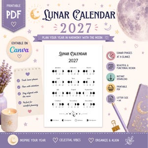 Calendario lunar 2027 imprimible, arte mural editable de fases lunares en PDF