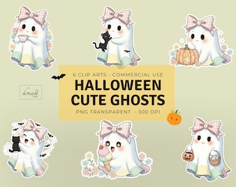 Halloween Cute Ghost Clipart Bundle – 6 Kawaii Ghost PNG, Halloween Clip Art, Cute Ghost Stickers, Transparent PNG 300 DPI