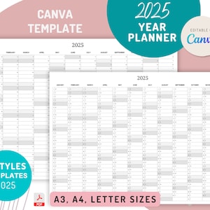 Calendario anual de una página 2025, plantilla de planificador anual, plantilla Canva editable, 2 estilos, personalizable, PDF en tamaños A3/A4/Carta