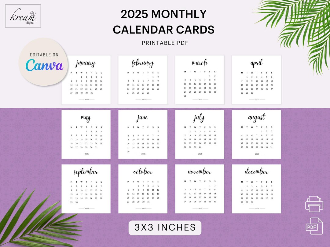 3x3 Monthly Calendar Cards | 2025 Planner Cards | Editable on Canva ...