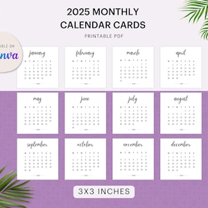 cartões de calendário 3x3 mensais | Cartões de planejamento para 2025 | Editável no Canva | Segunda e Domingo Início | Calendário para impressão | 3 tamanhos de PDF