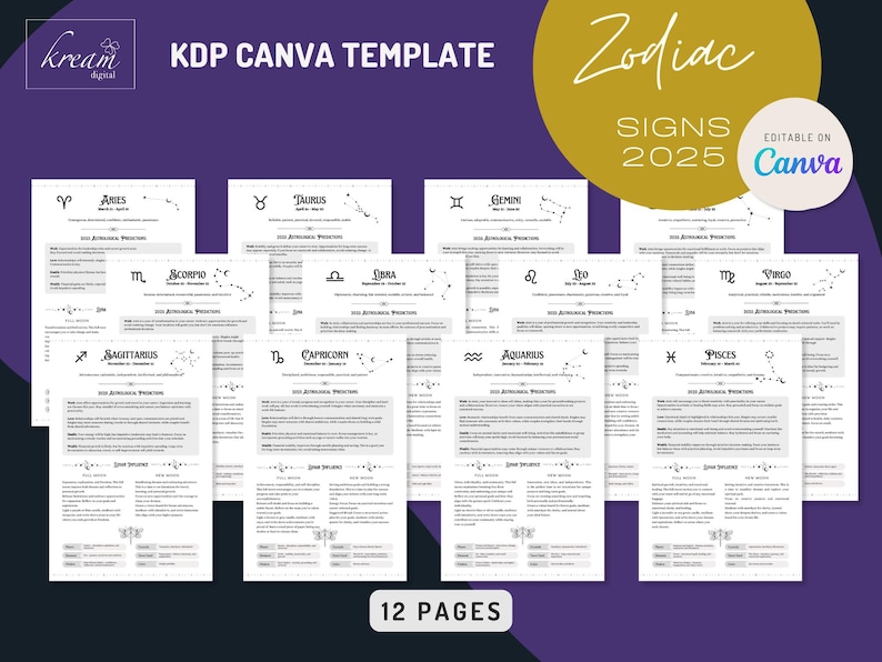 2025 Zodiac Signs KDP Canva Template 12 Pages of Astrological