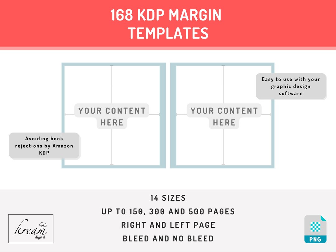 KDP Interior Margin Templates, 14 Book Trim Sizes, up to 150, 300, 500