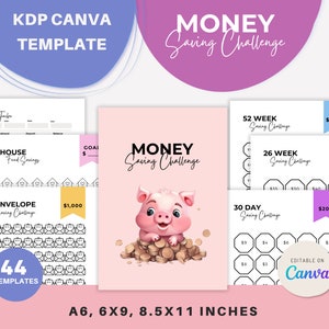 Money Saving Challenge Canva Template, A6, 6x9 and 8.5x11 inches, Printable and KPD Ready with Bleed