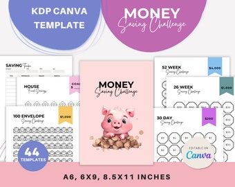 Money Saving Challenge Canva Template, A6, 6x9 and 8.5x11 inches, Printable and KPD Ready with Bleed