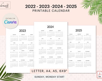 Plantilla CANVA 2022, 2023, 2024, 2025 | Inicio domingo y lunes | PDF imprimible | Carta, A4, A5, 6x9" | Licencia comercial