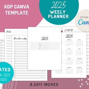 2025 Canva Planner | Dated  Weekly Planner templates | KDP Planner | 8.5x11 inches | Editable in Canva | Printable | Commercial Licence