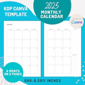 CANVA 2025 Monthly templates | 2 pages for a month | Sunday-Monday start | 6x9 and 8.5x11 inches | Commercial Licence