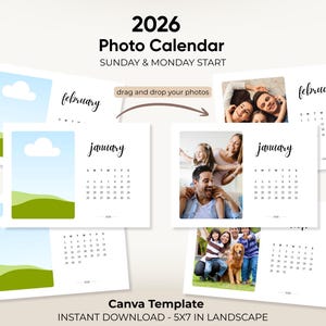 Può includere: Modello di calendario fotografico 2026 con orientamento orizzontale. Il design include pagine di calendario bianche con spazio per le foto, con i mesi di gennaio e febbraio visibili. È incluso anche il testo "drag and drop your photos".