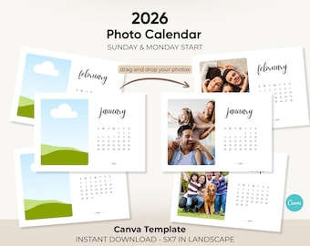 Fotokalendervorlage 2026 – 5 x 7 Zoll Querformat, Sonntag- und Montagsbeginn, druckbares Canva-Design