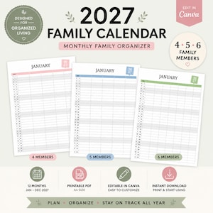 Utskrivbar familjekalender 2027, redigerbar Canvas-mall, A4 månads-PDF