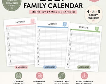 Calendario familiar 2027 imprimible, plantilla editable de Canva, PDF mensual tamaño A4