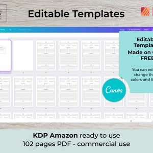 May include: A screenshot of a computer screen showing a Canva design template for a 102-page PDF book. The template is titled "Editable Templates Made on Canva FREE". The text says "You can edit texts, change the font, colors and line style". The template is for a KDP Amazon ready to use book.