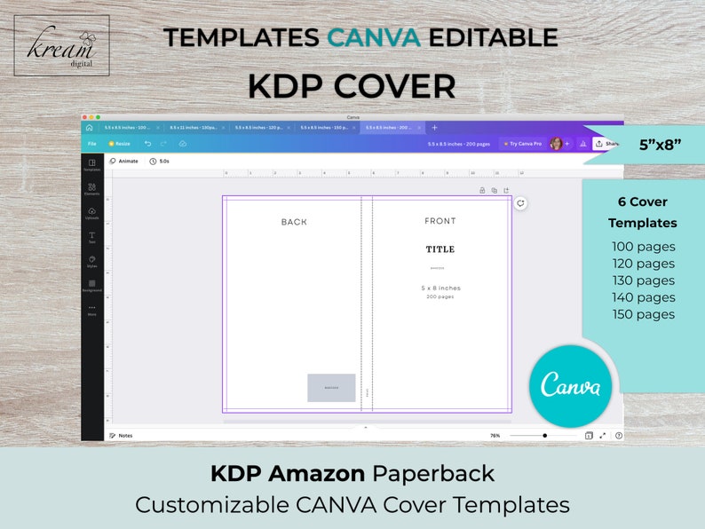 CANVA KDP Cover Templates 5x8 Inches for 100 120 130 140 Etsy