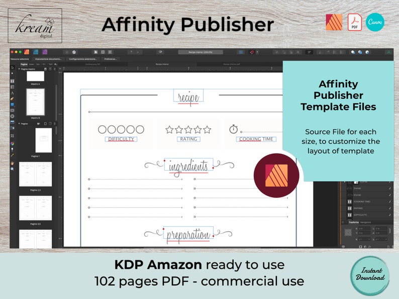 May include: A computer screen displaying a digital recipe template for Affinity Publisher. The template includes sections for recipe name, difficulty, rating, cooking time, ingredients, and preparation. The template is designed for use with KDP Amazon and includes 102 pages in a PDF format.